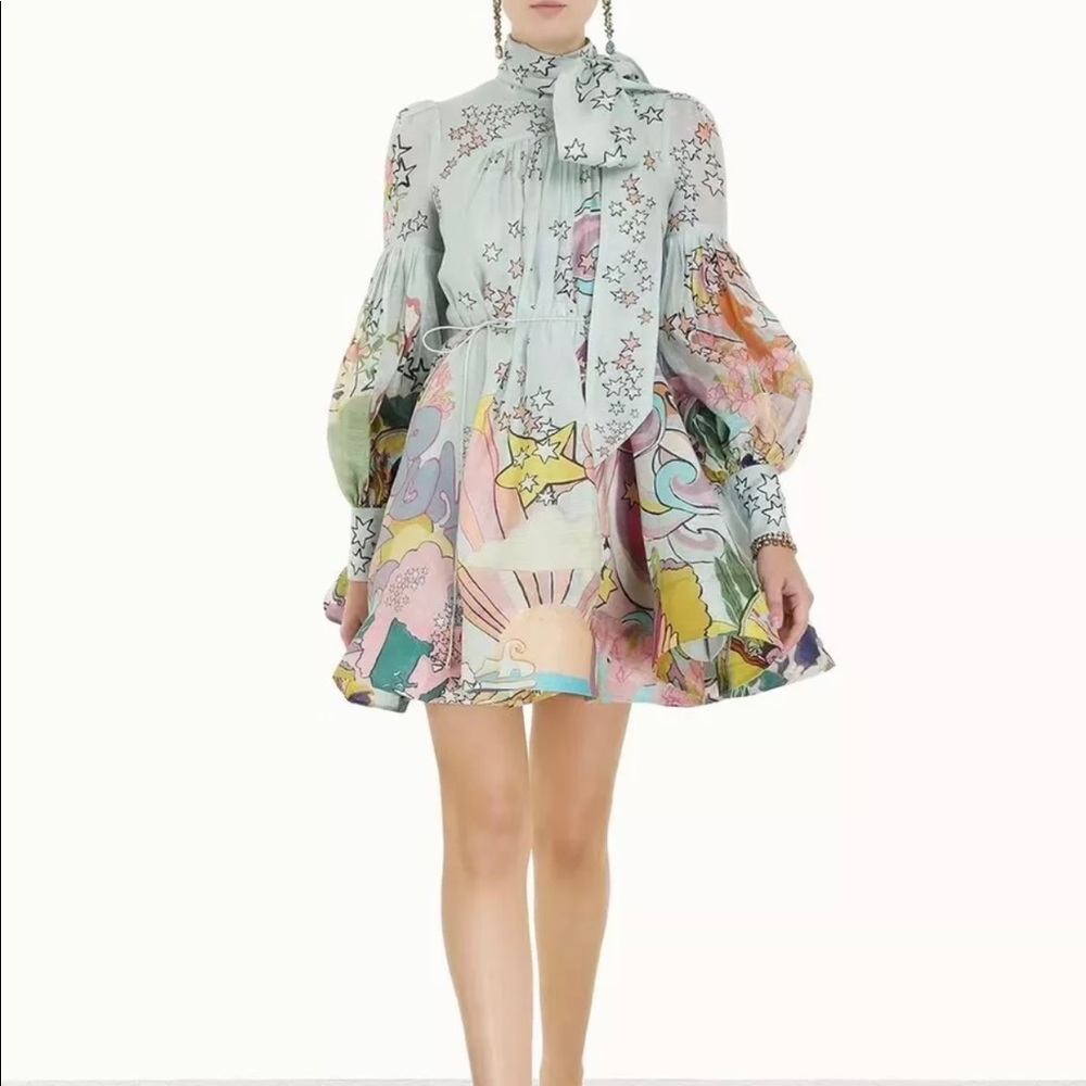 NWT Zimmermann Concert Tie Neck Mini Dress - Mint Collage